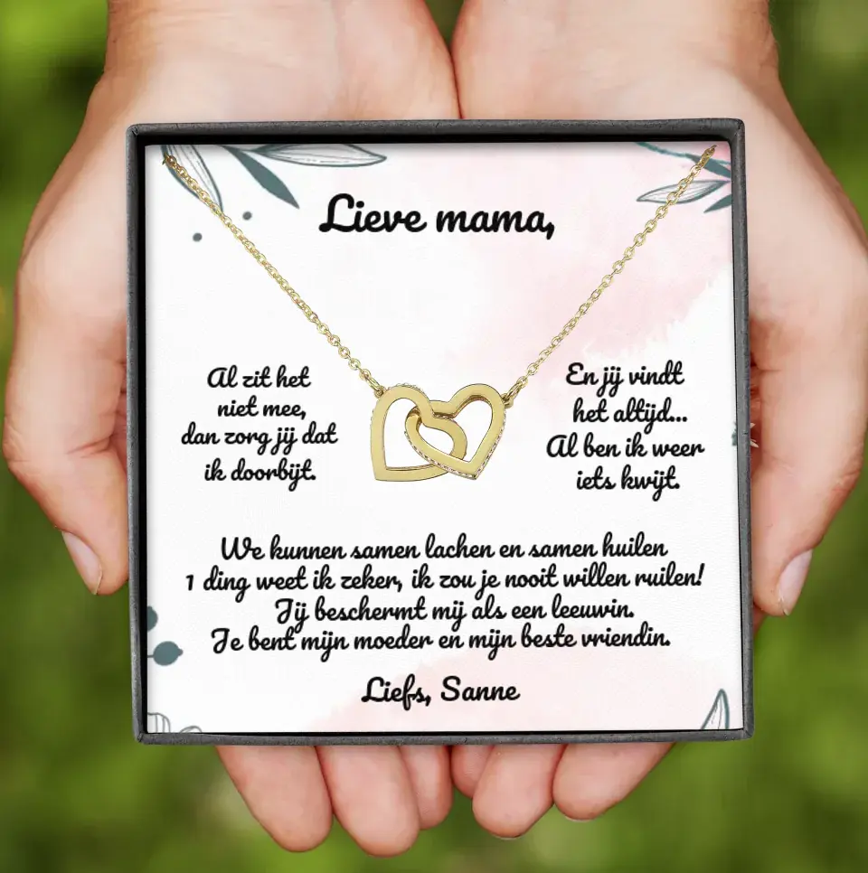 "Lieve mama" | Ketting met 2 hartjes | Gepersonaliseerd doosje | Rose-goud en staal of 18K goud