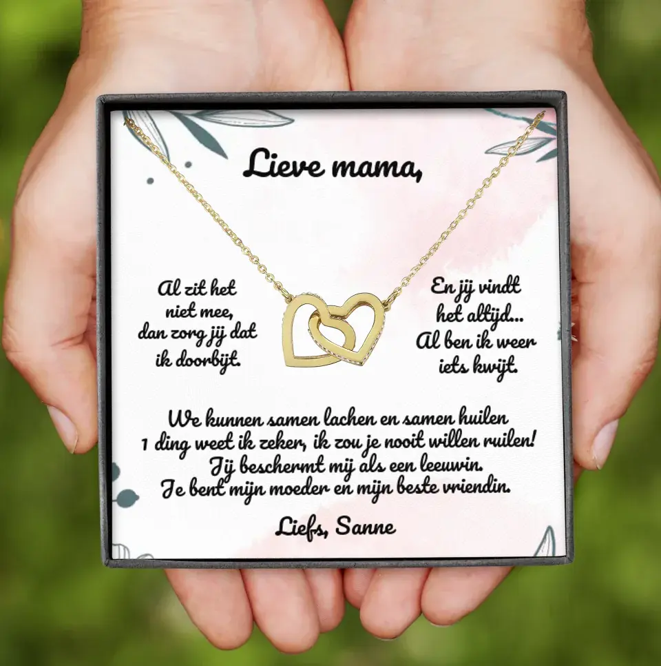 "Lieve mama" | Ketting met 2 hartjes | Gepersonaliseerd doosje | Rose-goud en staal of 18K goud - Iedereen Blij