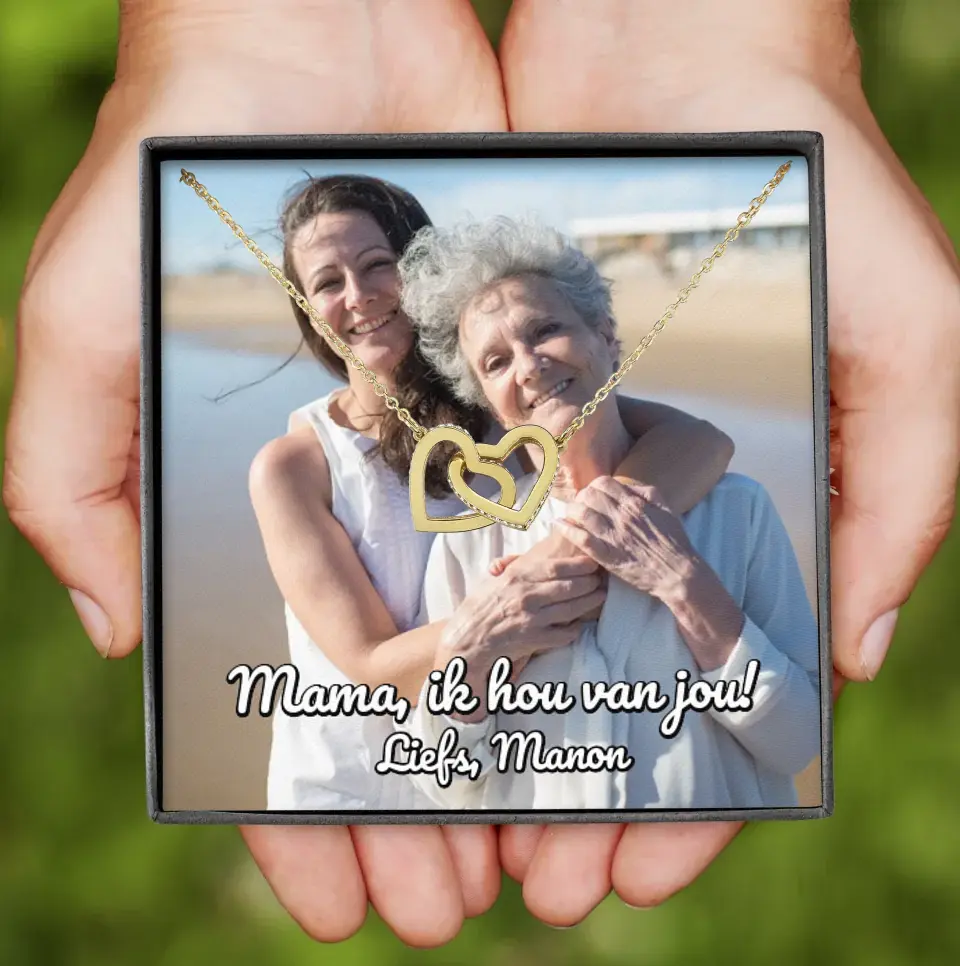 "Mama, ik hou van jou" | Ketting met 2 hartjes | Gepersonaliseerd doosje | Rose-goud en staal of 18K goud - Iedereen Blij