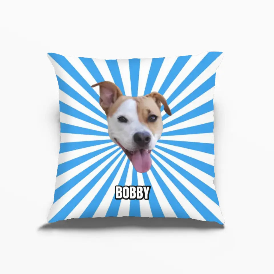 Personalisierter Kissenbezug mit Sonnenstrahlen-Effekt – Haustier-Ausschnitt + Text