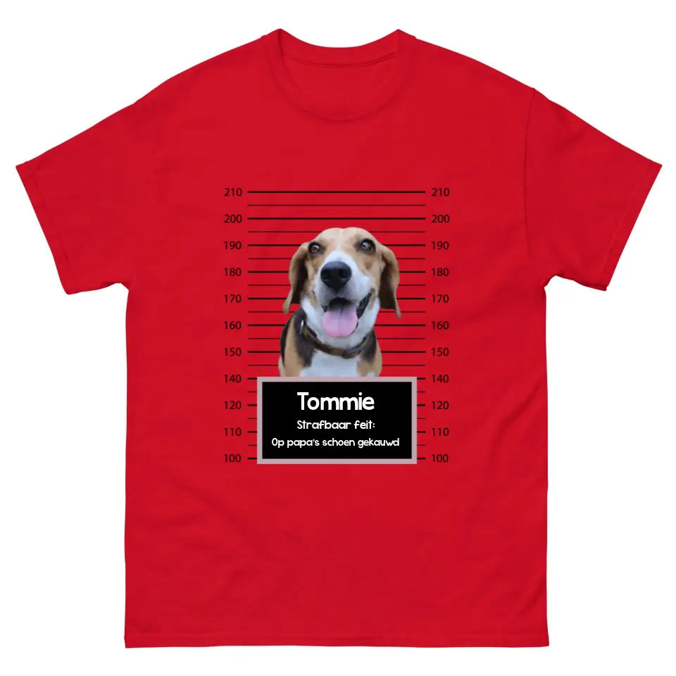Gepersonaliseerd "mugshot" T-shirt - Boevenfoto van verdacht huisdier + strafbaar feit