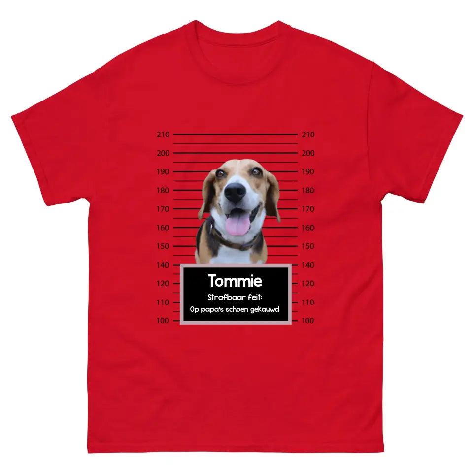Gepersonaliseerd "mugshot" T-shirt - Boevenfoto van verdacht huisdier + strafbaar feit - Iedereen Blij