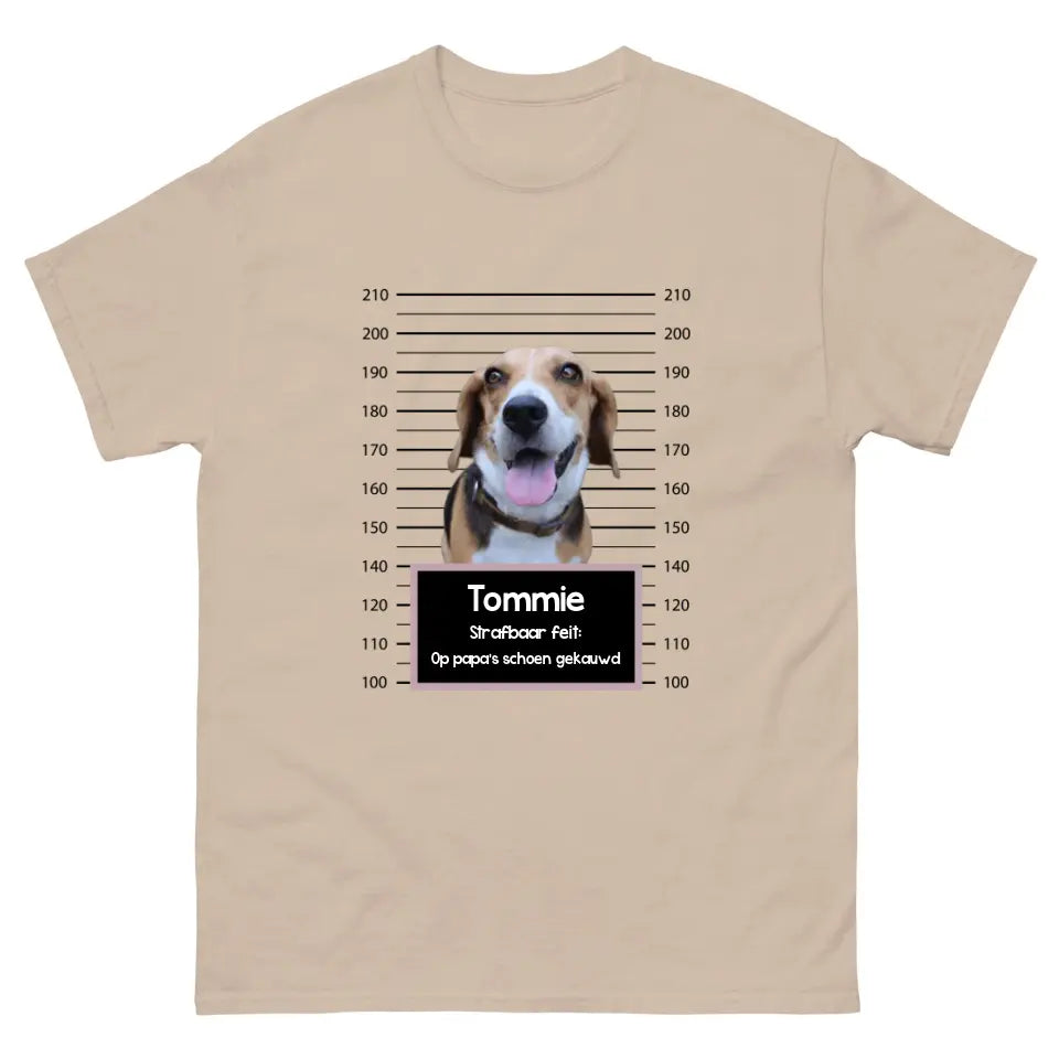 Gepersonaliseerd "mugshot" T-shirt - Boevenfoto van verdacht huisdier + strafbaar feit - Iedereen Blij