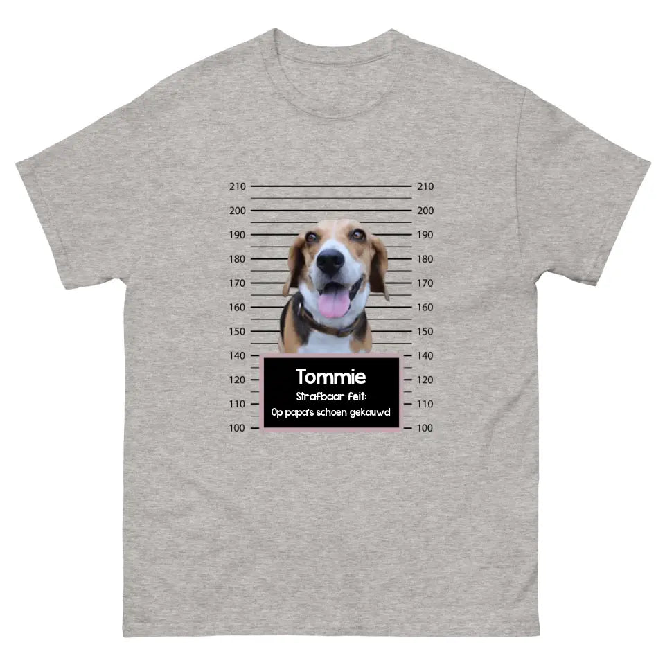 Gepersonaliseerd "mugshot" T-shirt - Boevenfoto van verdacht huisdier + strafbaar feit - Iedereen Blij