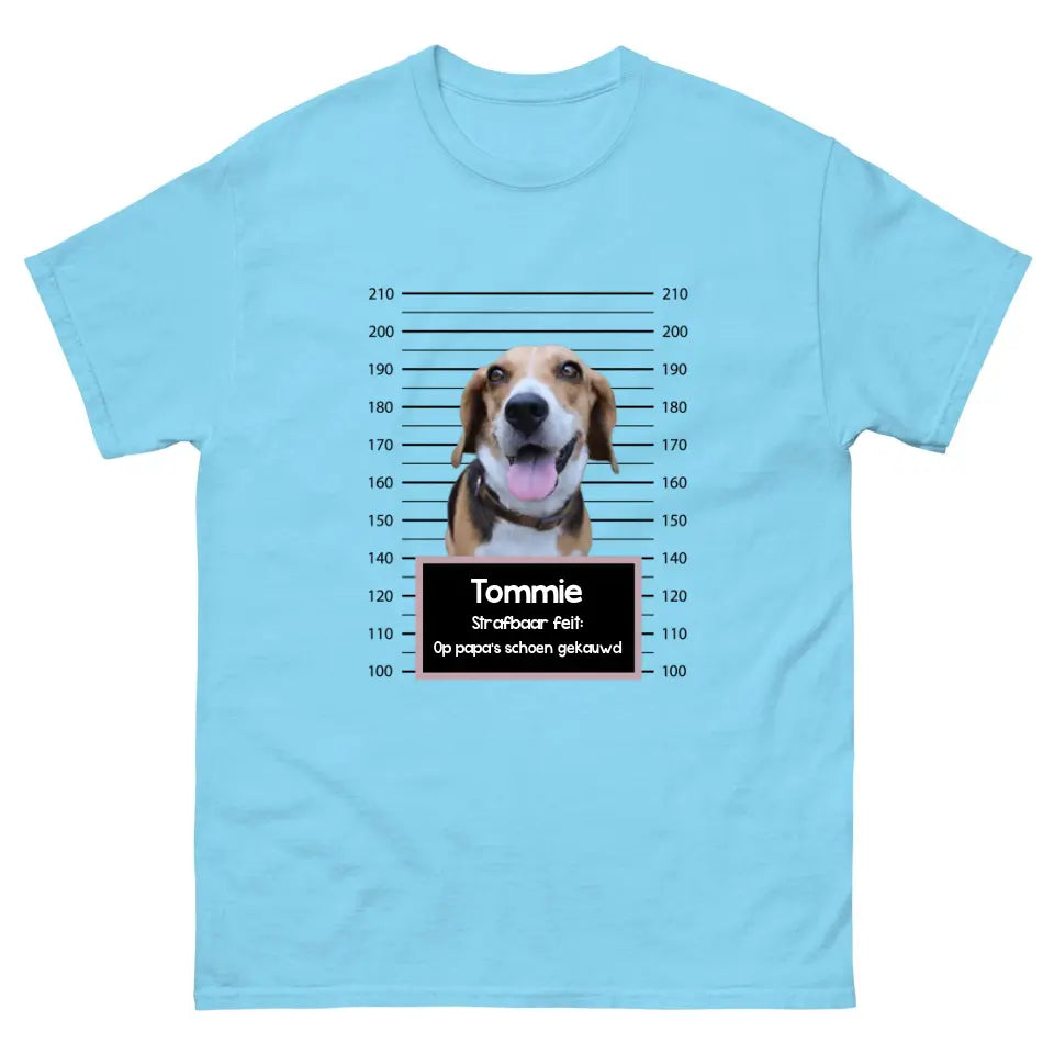 Gepersonaliseerd "mugshot" T-shirt - Boevenfoto van verdacht huisdier + strafbaar feit - Iedereen Blij