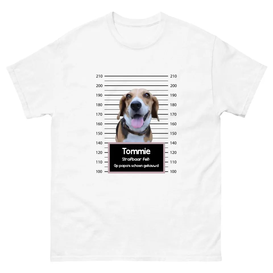 Gepersonaliseerd "mugshot" T-shirt - Boevenfoto van verdacht huisdier + strafbaar feit - Iedereen Blij
