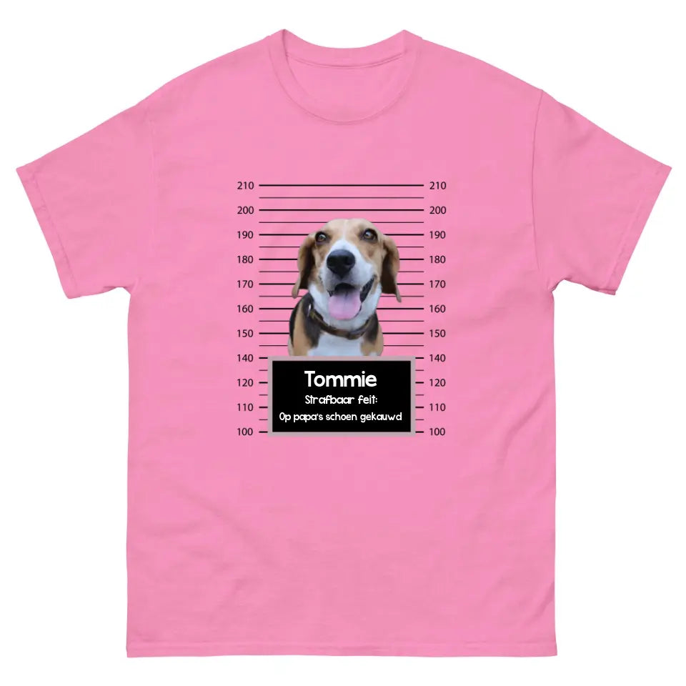 Gepersonaliseerd "mugshot" T-shirt - Boevenfoto van verdacht huisdier + strafbaar feit - Iedereen Blij