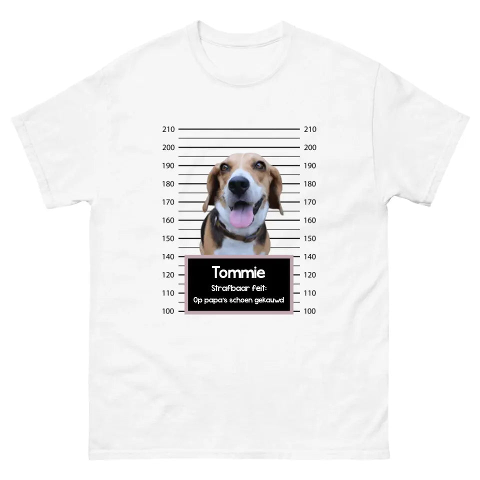 Gepersonaliseerd "mugshot" T-shirt - Boevenfoto van verdacht huisdier + strafbaar feit - Iedereen Blij