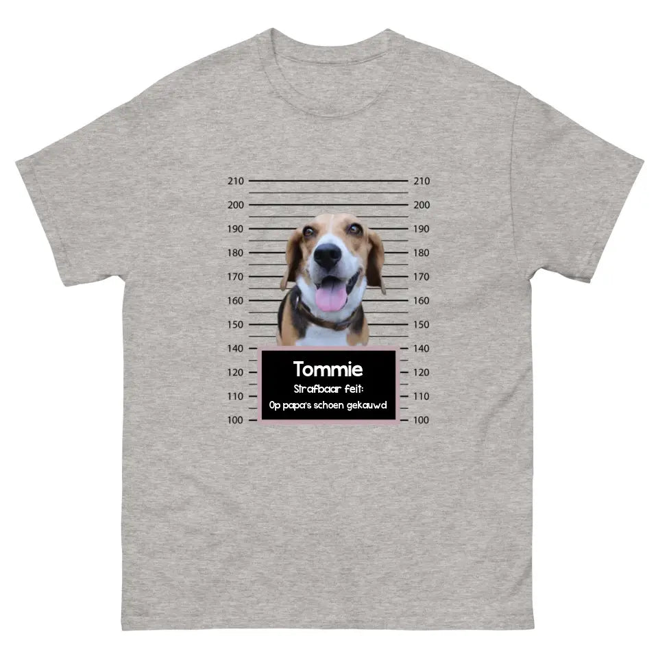 Gepersonaliseerd "mugshot" T-shirt - Boevenfoto van verdacht huisdier + strafbaar feit - Iedereen Blij