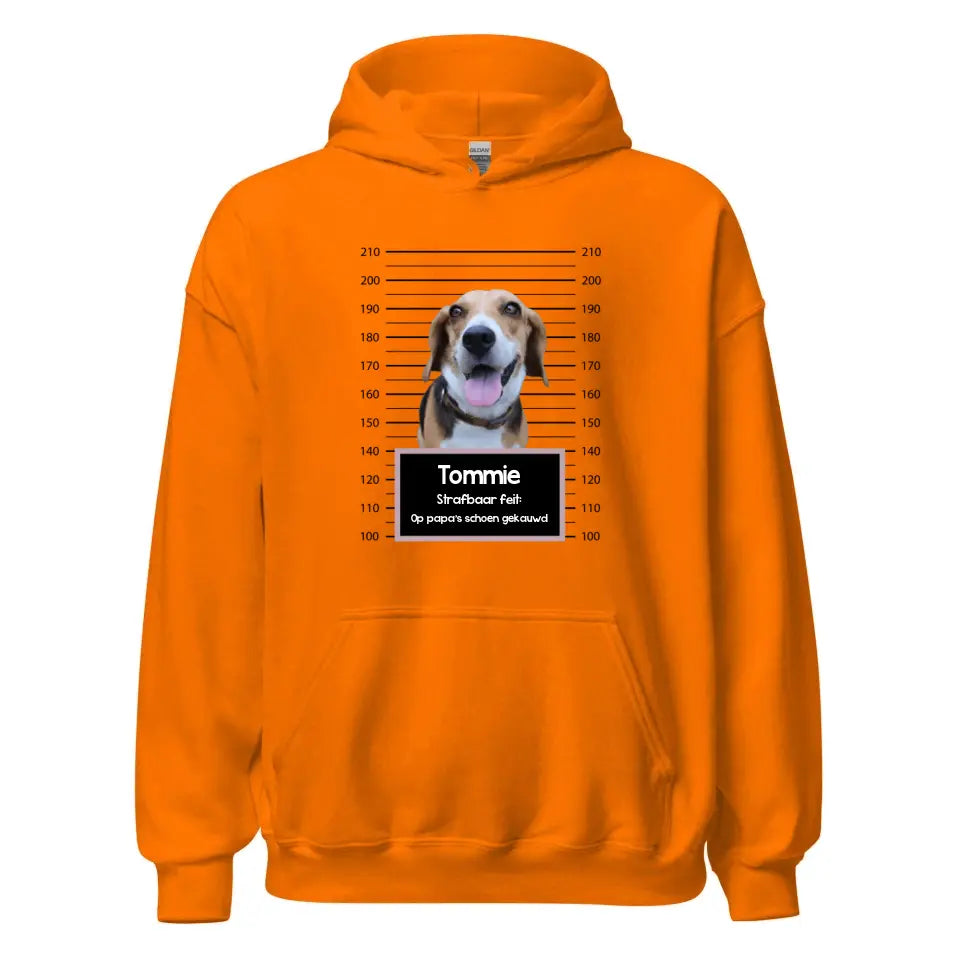 Gepersonaliseerde "mugshot" hoodie - Boevenfoto van verdacht huisdier + strafbaar feit - Iedereen Blij