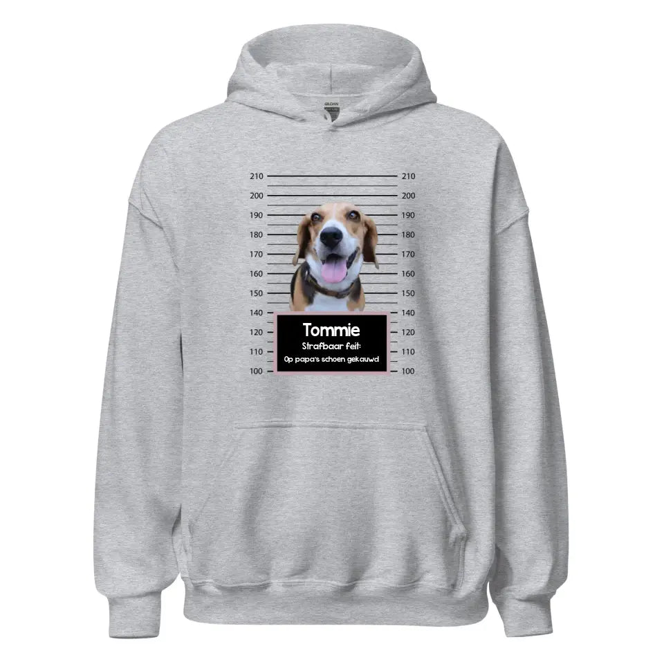 Gepersonaliseerde "mugshot" hoodie - Boevenfoto van verdacht huisdier + strafbaar feit - Iedereen Blij