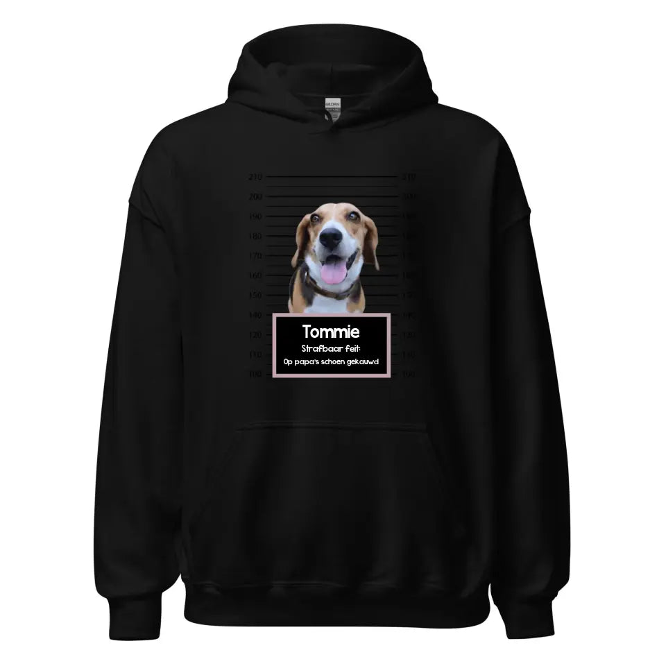 Gepersonaliseerde "mugshot" hoodie - Boevenfoto van verdacht huisdier + strafbaar feit - Iedereen Blij