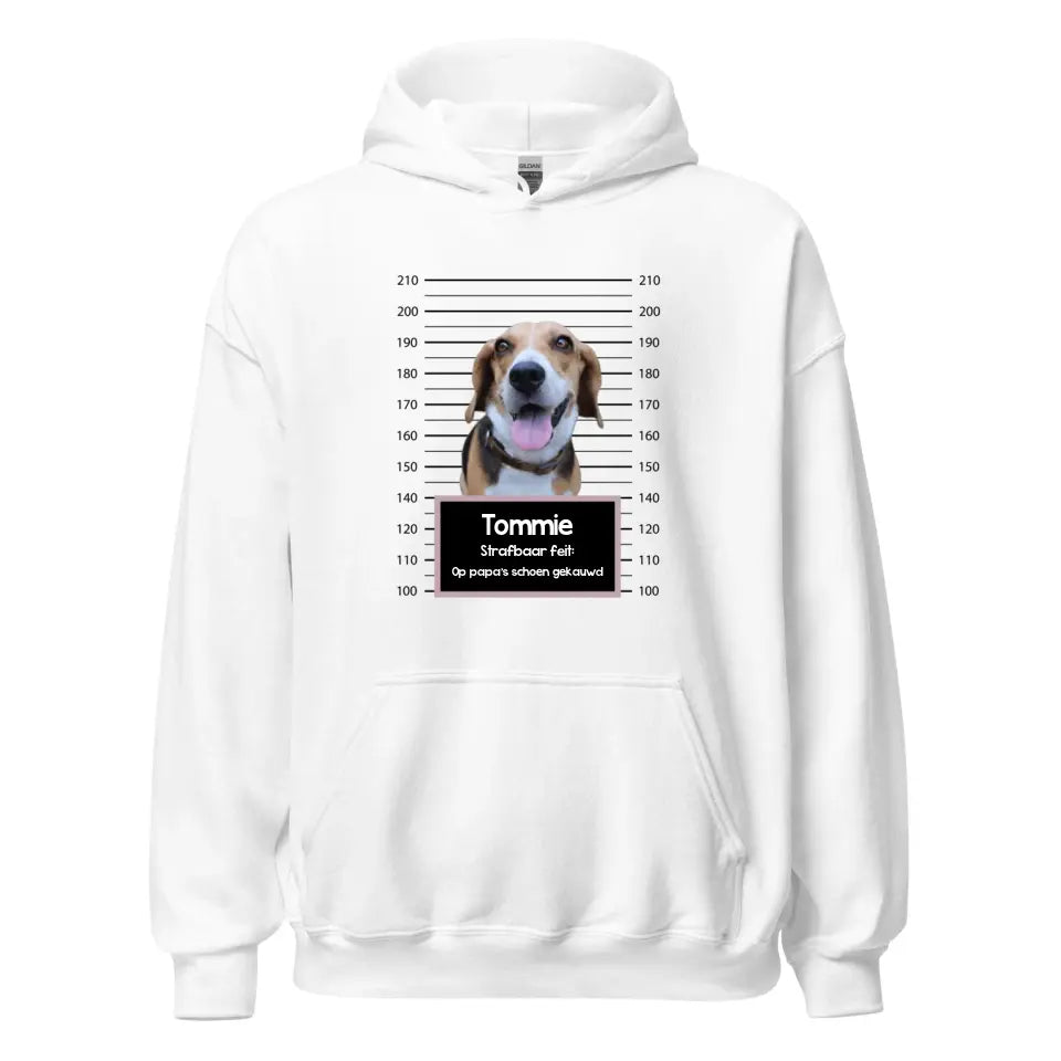 Gepersonaliseerde "mugshot" hoodie - Boevenfoto van verdacht huisdier + strafbaar feit - Iedereen Blij