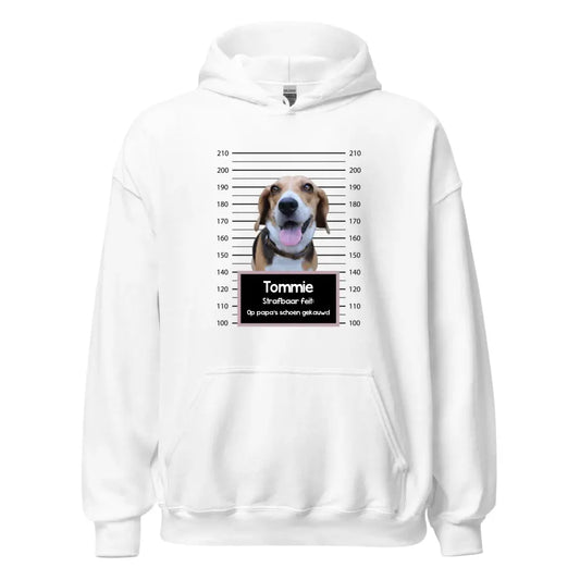 Gepersonaliseerde "mugshot" hoodie - Boevenfoto van verdacht huisdier + strafbaar feit - Iedereen Blij