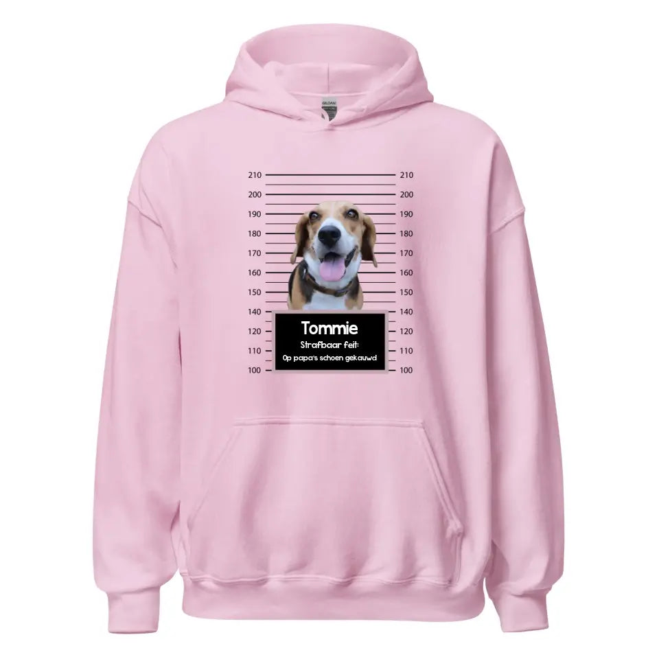 Gepersonaliseerde "mugshot" hoodie - Boevenfoto van verdacht huisdier + strafbaar feit - Iedereen Blij