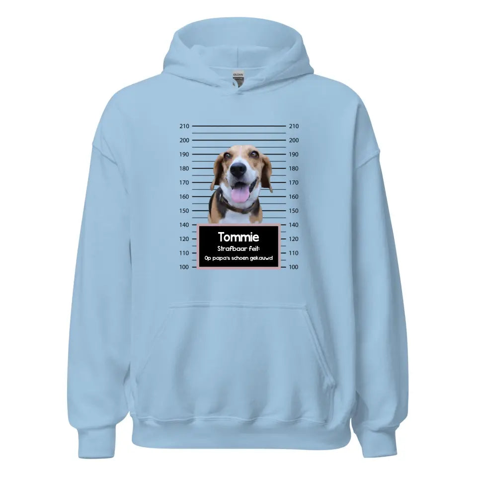Gepersonaliseerde "mugshot" hoodie - Boevenfoto van verdacht huisdier + strafbaar feit - Iedereen Blij