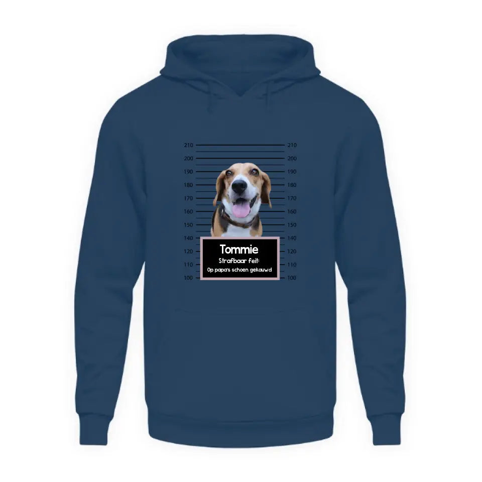 Gepersonaliseerde "mugshot" hoodie - Boevenfoto van verdacht huisdier + strafbaar feit - Iedereen Blij