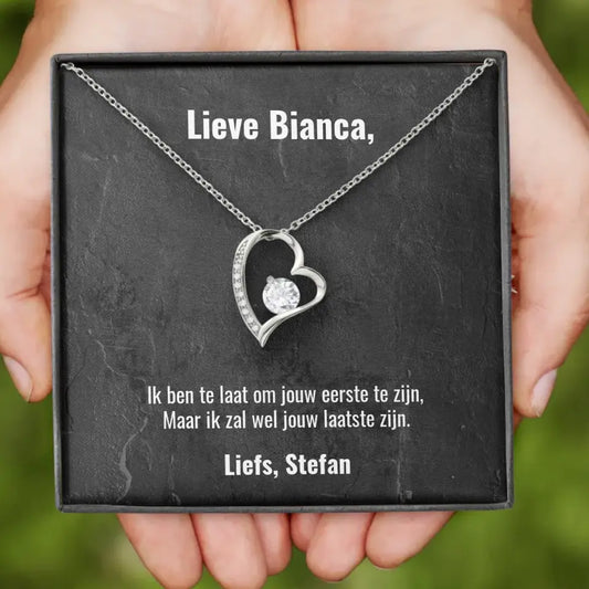 "Ik ben te laat om jouw eerste te zijn..." Hartjes ketting met gepersonaliseerd doosje | Voeg eigen tekst toe | 14K witgoud of 18K goud - Iedereen Blij