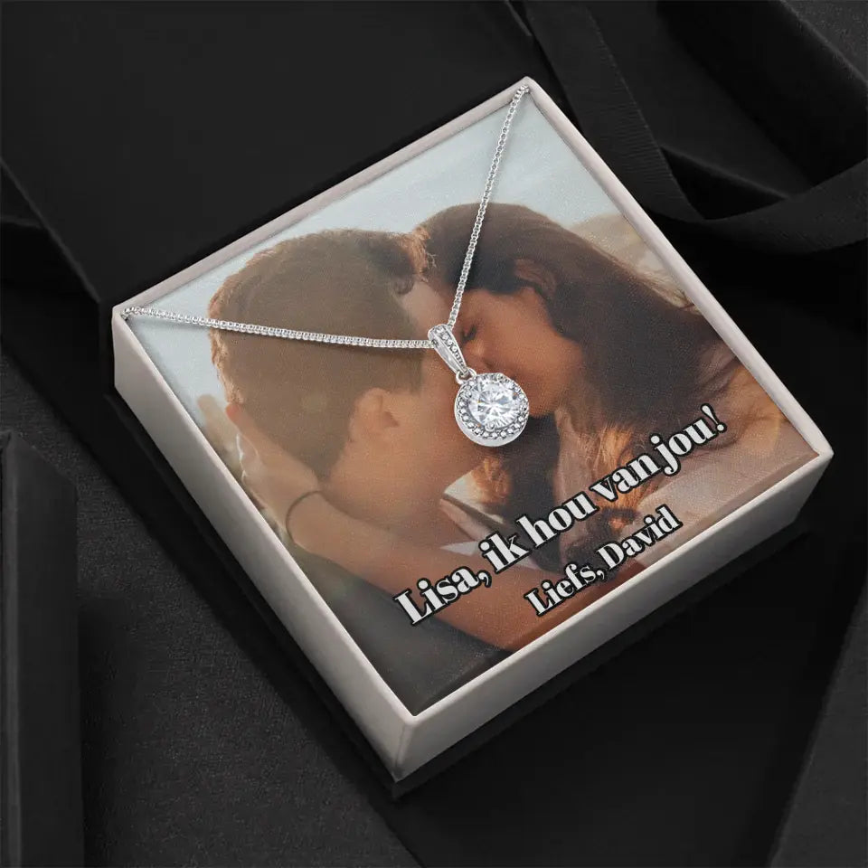 Witgouden kristal ketting met gepersonaliseerd doosje | Voeg je eigen foto en tekst toe | 14K witgoud - Iedereen Blij