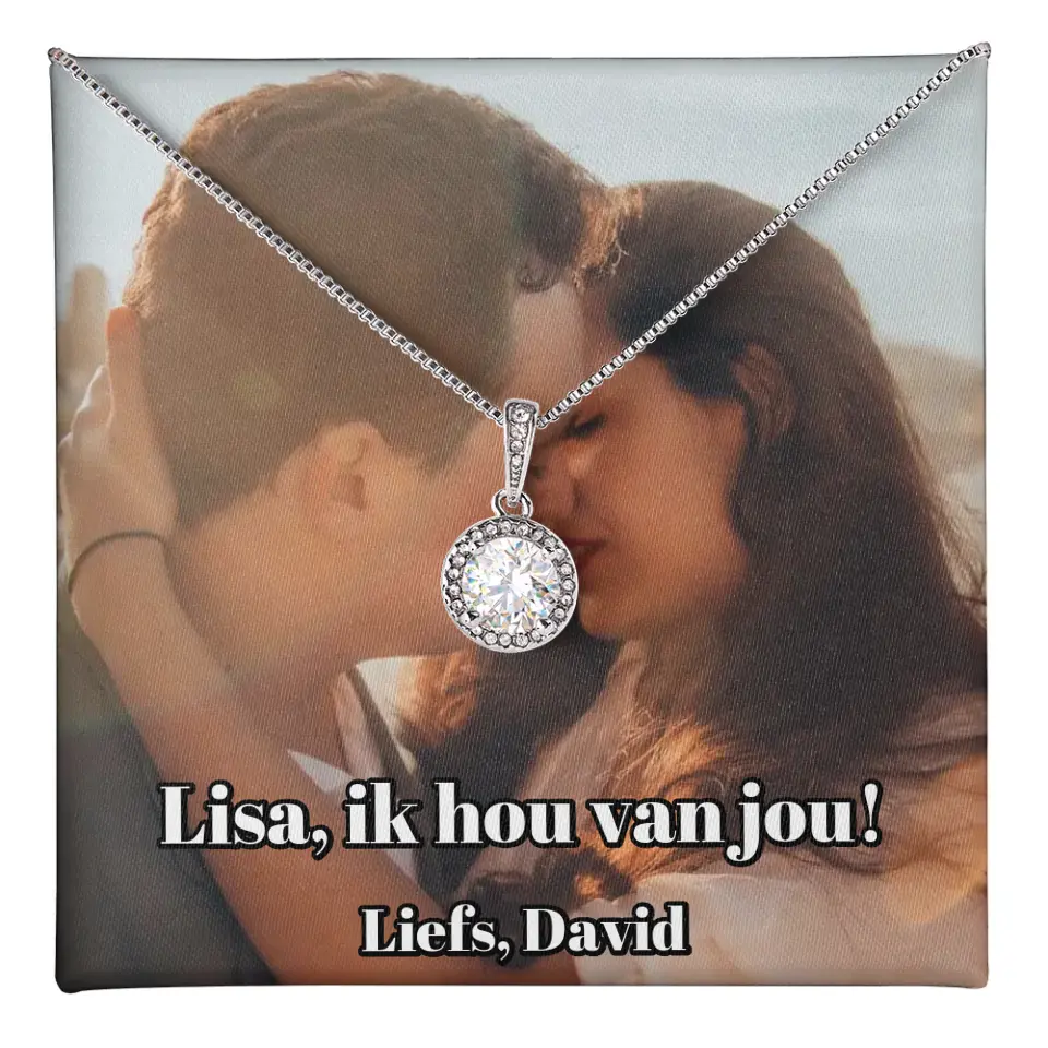 Witgouden kristal ketting met gepersonaliseerd doosje | Voeg je eigen foto en tekst toe | 14K witgoud - Iedereen Blij