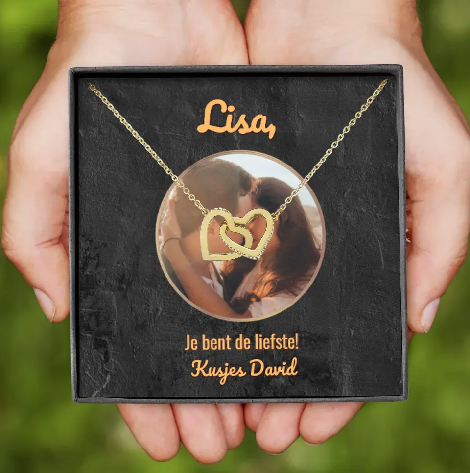 Ketting met 2 hartjes | Gepersonaliseerd doosje | Voeg eigen foto en tekst toe | Rose-goud en staal of 18K goud