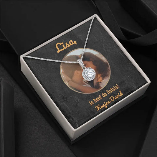 Witgouden kristal ketting met gepersonaliseerd doosje | Voeg je eigen foto in cirkel en tekst toe | 14K witgoud