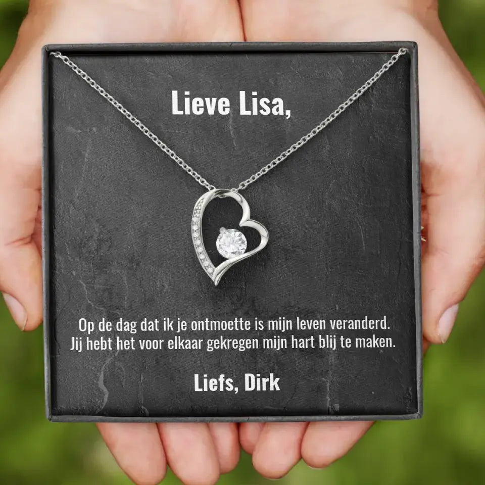"Op de dag dat ik je ontmoette..." | Hartjes ketting met gepersonaliseerd doosje | Voeg eigen tekst toe | 14K witgoud of 18K goud - Iedereen Blij
