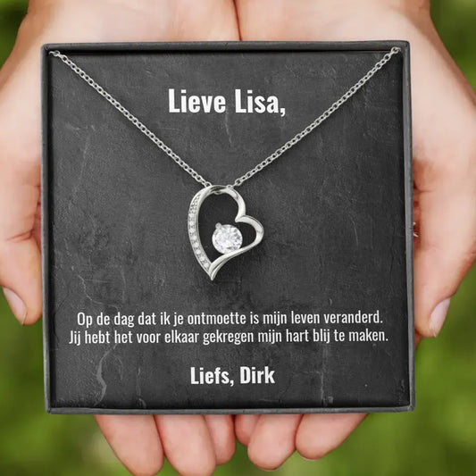 "Op de dag dat ik je ontmoette..." | Hartjes ketting met gepersonaliseerd doosje | Voeg eigen tekst toe | 14K witgoud of 18K goud - Iedereen Blij