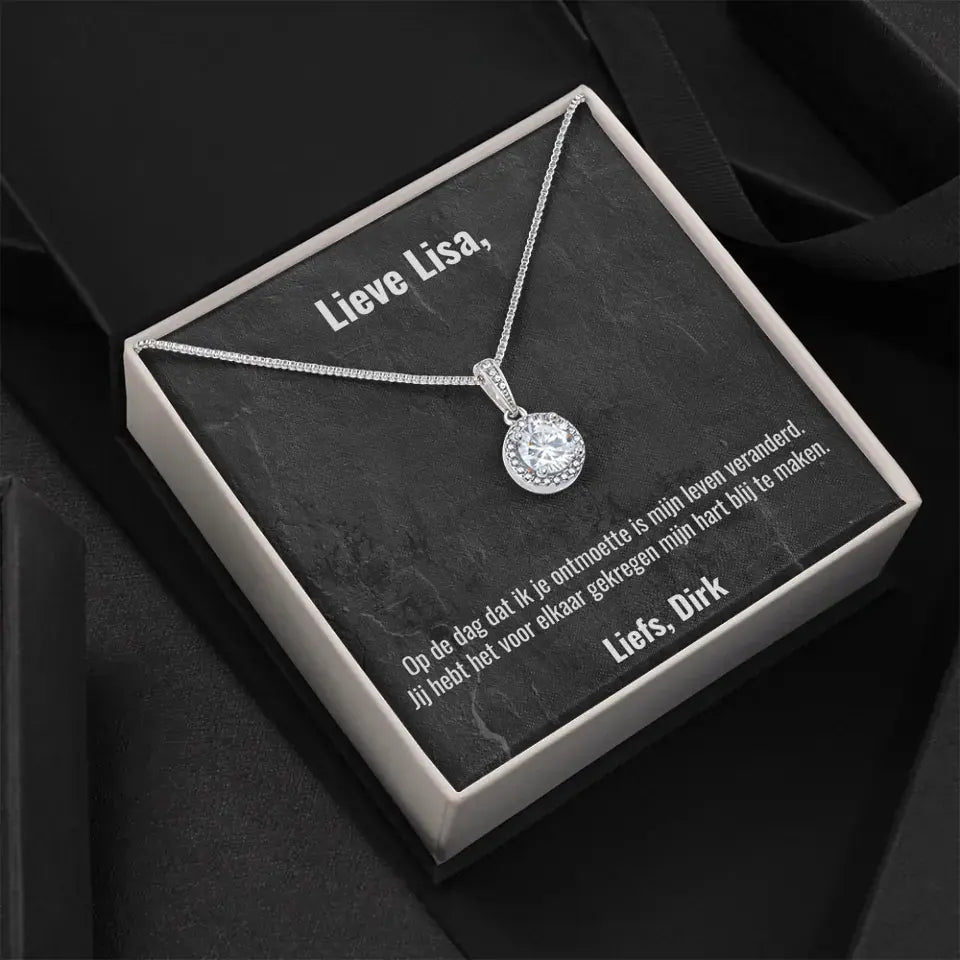 "Op de dag dat ik je ontmoette..." | Witgouden kristal ketting met gepersonaliseerd doosje | Voeg eigen tekst toe | 14K witgoud - Iedereen Blij