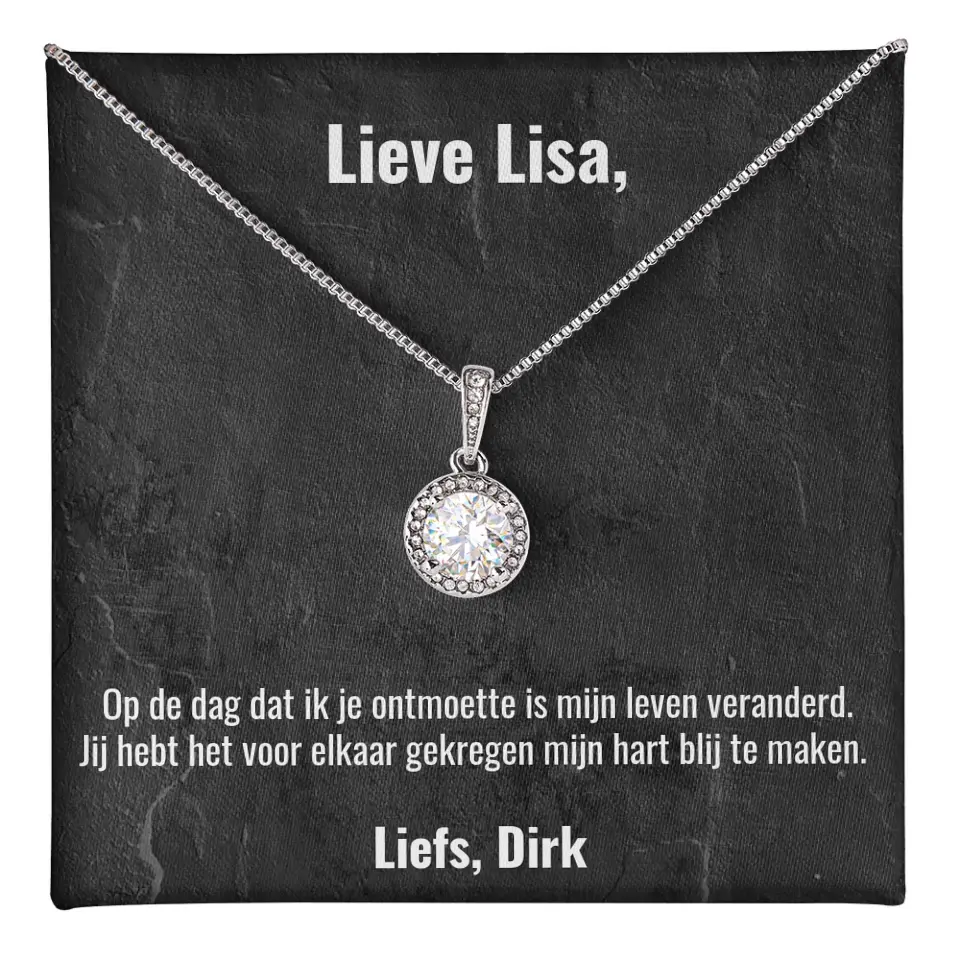 "Op de dag dat ik je ontmoette..." | Witgouden kristal ketting met gepersonaliseerd doosje | Voeg eigen tekst toe | 14K witgoud - Iedereen Blij