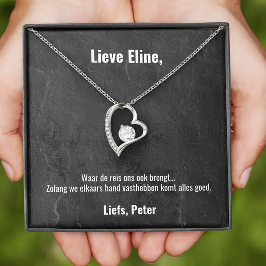 "Waar de reis ons ook brengt..." | Hartjes ketting met gepersonaliseerd doosje | Voeg eigen tekst toe | 14K witgoud of 18K goud - Iedereen Blij
