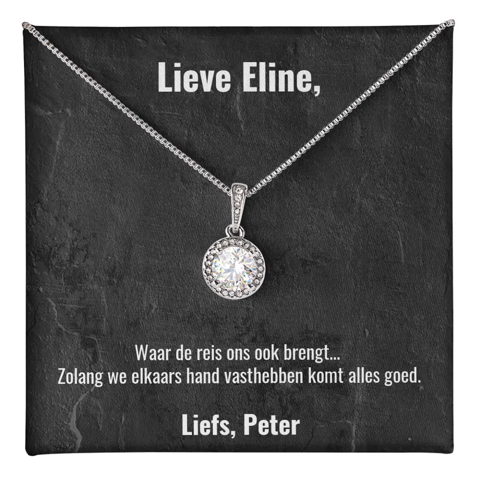 "Waar de reis ons ook brengt..." | Witgouden kristal ketting met gepersonaliseerd doosje | Voeg je eigen tekst toe | 14K witgoud - Iedereen Blij