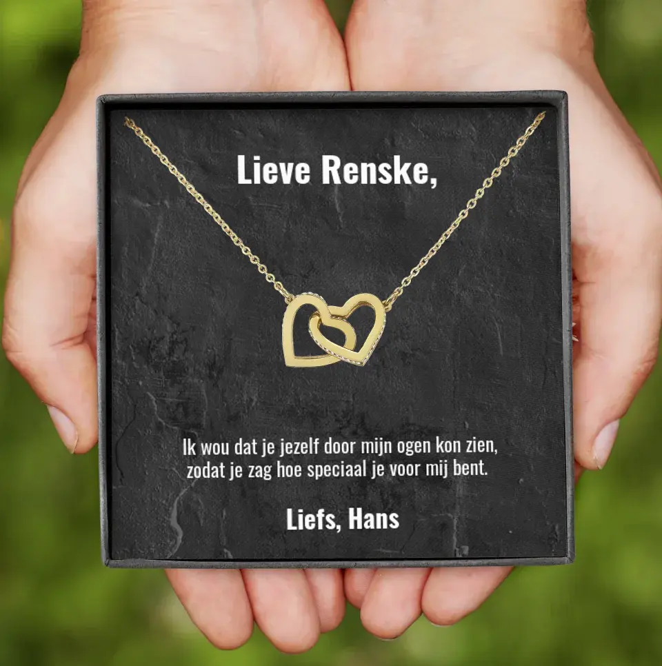 "Ik wou dat je jezelf door mijn ogen kon zien..." | Ketting met 2 hartjes | Gepersonaliseerd doosje | Voeg je eigen tekst toe | Rose-goud en staal of 18K goud - Iedereen Blij