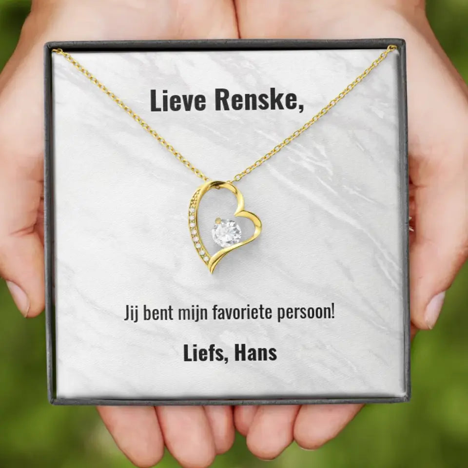 "Je bent mijn favoriete persoon" | Hartjes ketting met gepersonaliseerd doosje | Voeg eigen tekst toe | 14K witgoud of 18K goud - Iedereen Blij
