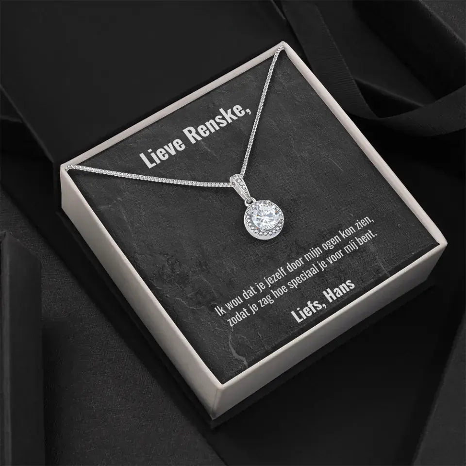 "Ik wou dat je jezelf door mijn ogen kon zien..." | Witgouden kristal ketting met gepersonaliseerd doosje | Voeg je eigen tekst toe | 14K witgoud - Iedereen Blij