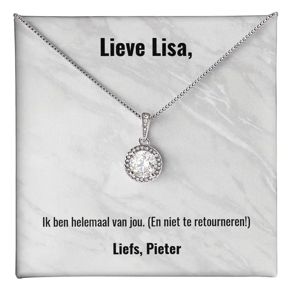 "Ik ben helemaal van jou" | Witgouden kristal ketting met gepersonaliseerd doosje | Voeg je eigen tekst toe | 14K witgoud - Iedereen Blij
