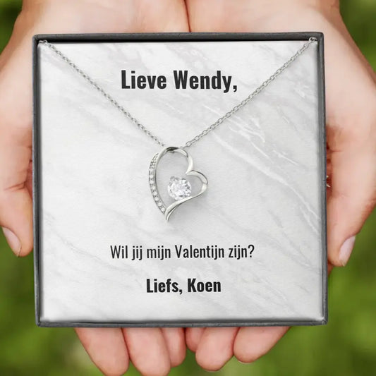 "Wil je mijn Valentijn zijn?" | Hartjes ketting met gepersonaliseerd doosje | Voeg eigen tekst toe | 14K witgoud of 18K goud