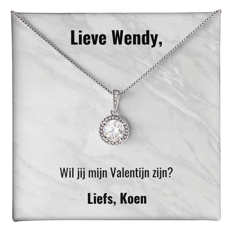 "Wil je mijn Valentijn zijn?" | Witgouden kristal ketting met gepersonaliseerd doosje | Voeg je eigen tekst toe | 14K witgoud - Iedereen Blij