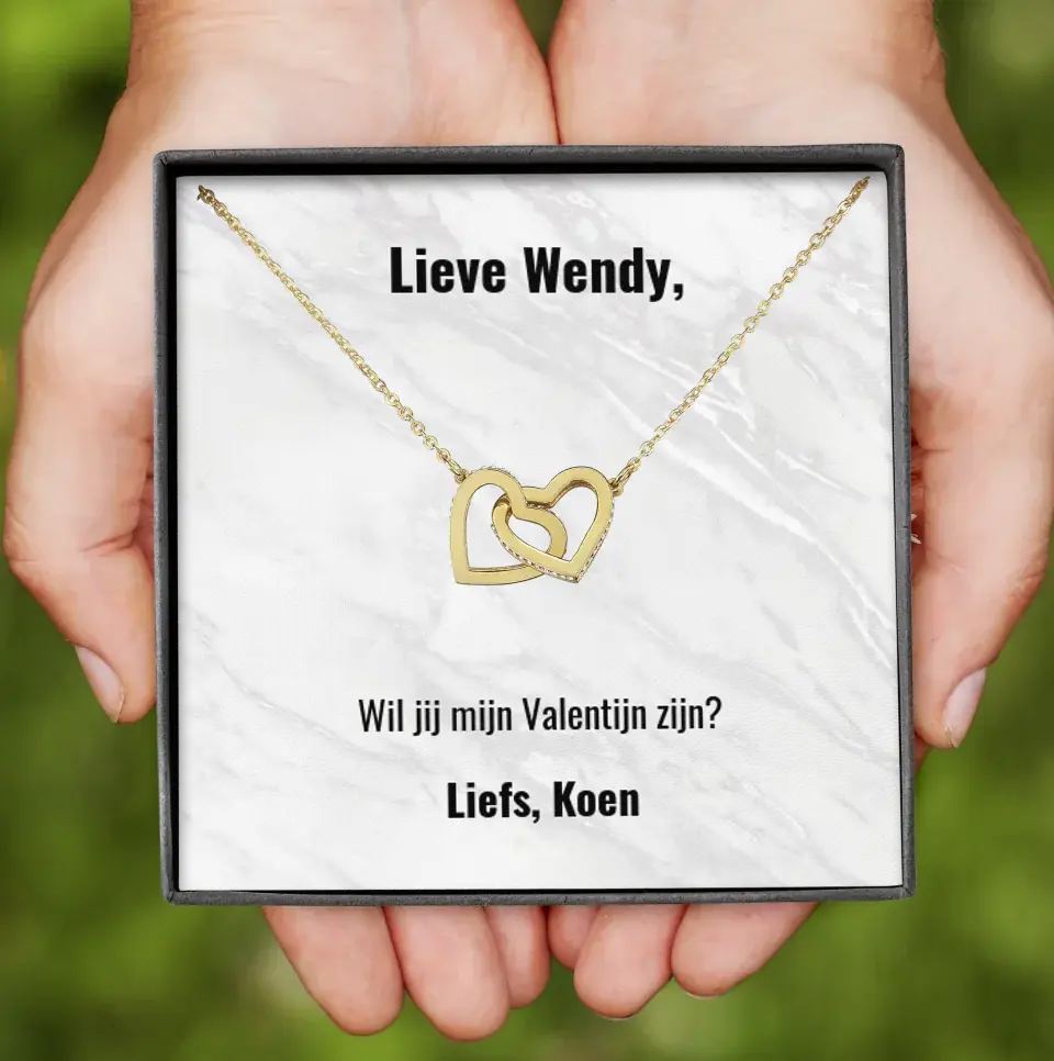 "Wil je mijn Valentijn zijn?" | Ketting met 2 hartjes | Gepersonaliseerd doosje | Voeg je eigen tekst toe | Rose-goud en staal of 18K goud - Iedereen Blij