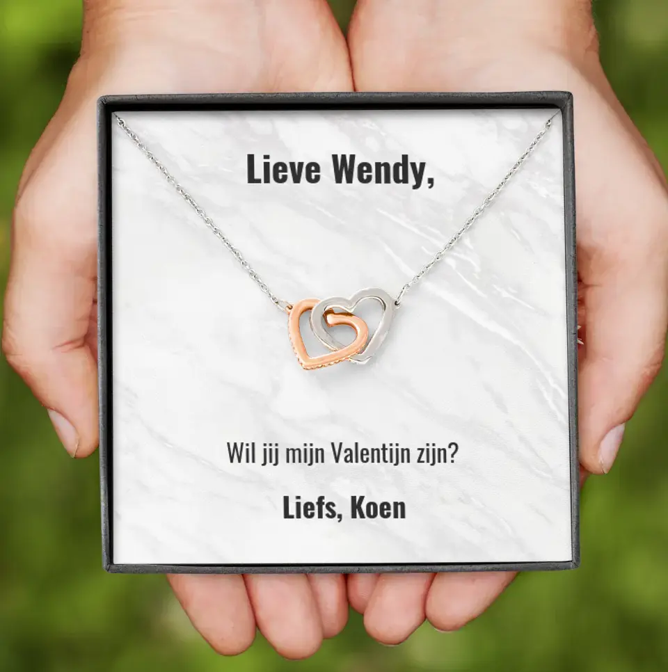 "Wil je mijn Valentijn zijn?" | Ketting met 2 hartjes | Gepersonaliseerd doosje | Voeg je eigen tekst toe | Rose-goud en staal of 18K goud - Iedereen Blij