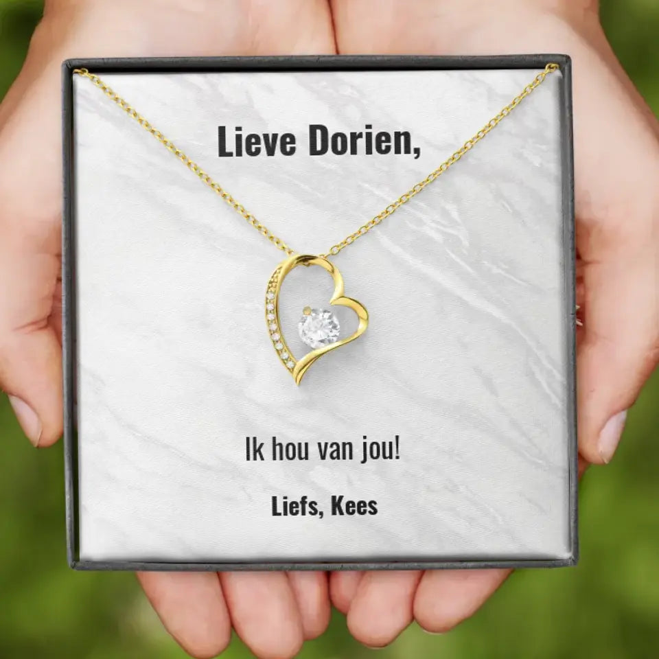 "Ik hou van jou" | Hartjes ketting met gepersonaliseerd doosje | Voeg eigen tekst toe | 14K witgoud of 18K goud