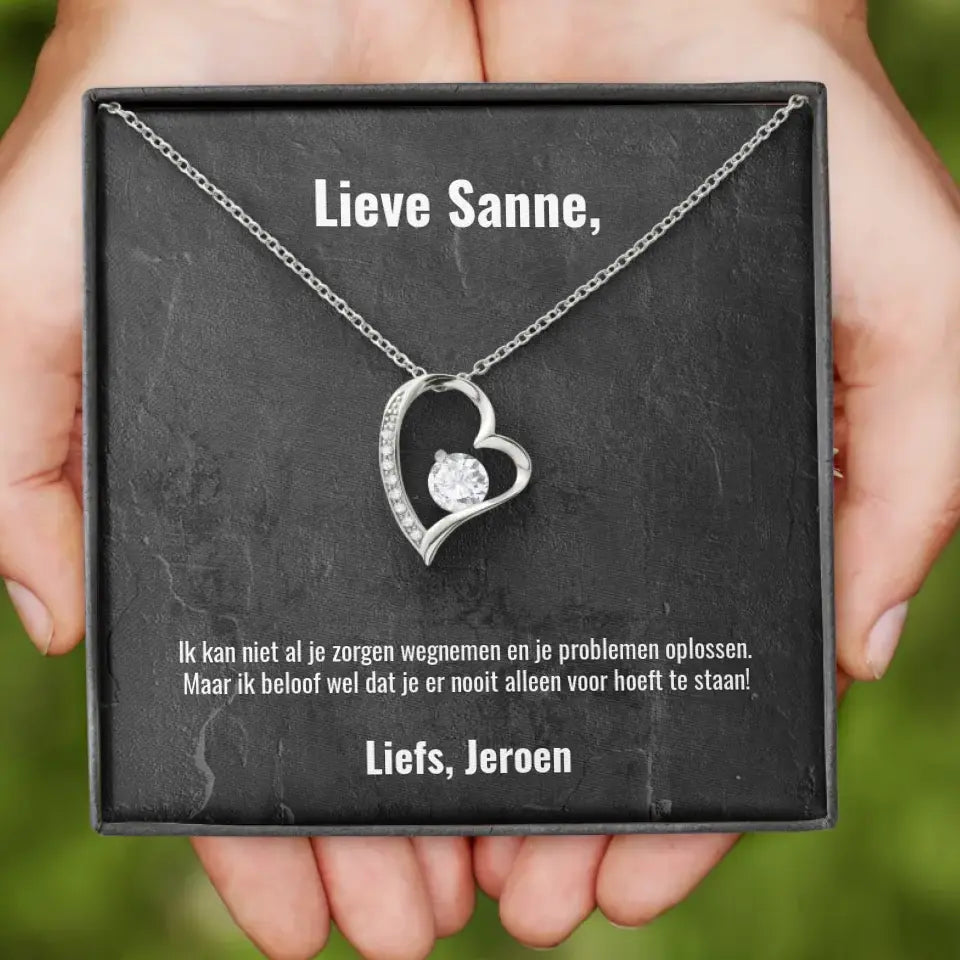 "Ik kan niet al je zorgen wegnemen..." | Hartjes ketting met gepersonaliseerd doosje | Voeg eigen tekst toe | 14K witgoud of 18K goud - Iedereen Blij