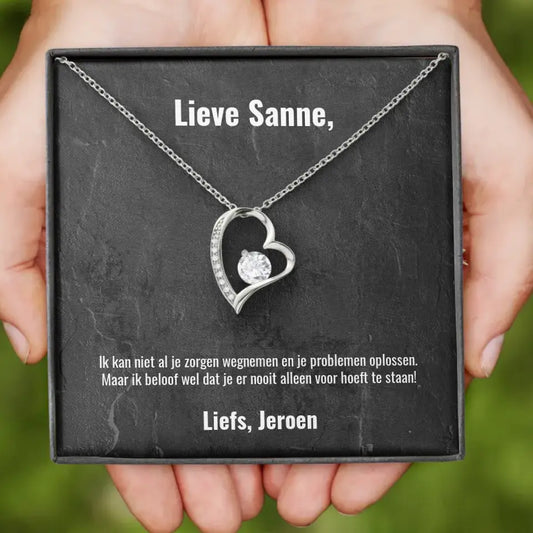 "Ik kan niet al je zorgen wegnemen..." | Hartjes ketting met gepersonaliseerd doosje | Voeg eigen tekst toe | 14K witgoud of 18K goud - Iedereen Blij