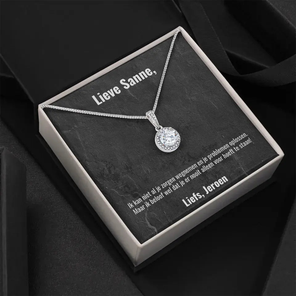 "Ik kan niet al je zorgen wegnemen..." | Witgouden kristal ketting met gepersonaliseerd doosje | Voeg eigen tekst toe | 14K witgoud - Iedereen Blij