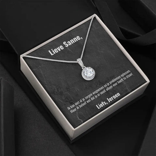 "Ik kan niet al je zorgen wegnemen..." | Witgouden kristal ketting met gepersonaliseerd doosje | Voeg eigen tekst toe | 14K witgoud - Iedereen Blij
