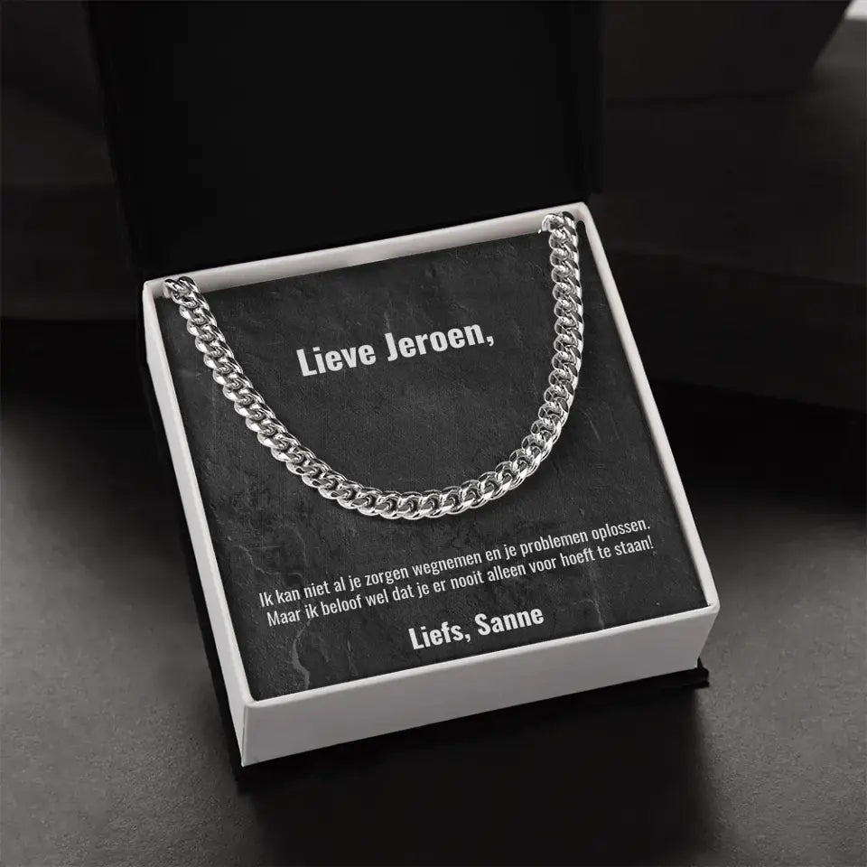 "Ik kan niet al je zorgen wegnemen..." | Stalen ketting voor mannen | Gepersonaliseerd doosje met eigen tekst | Roestvrijstaal met als optie 14K Goudlaag - Iedereen Blij