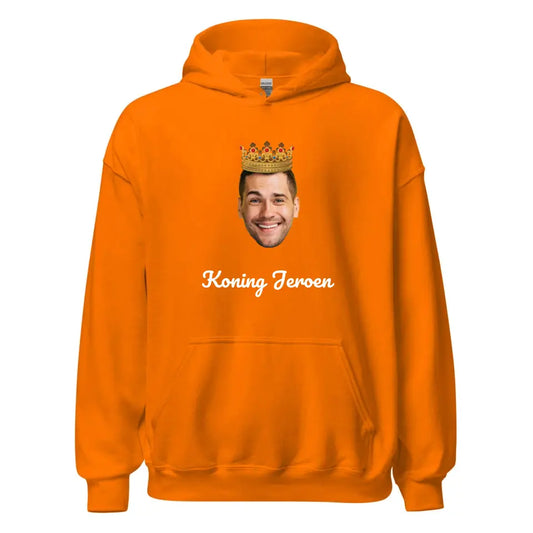 Koningsdag Gepersonaliseerde Oranje Hoodie - Uitgeknipt gezicht met kroon - Eigen foto met tekst - Iedereen Blij