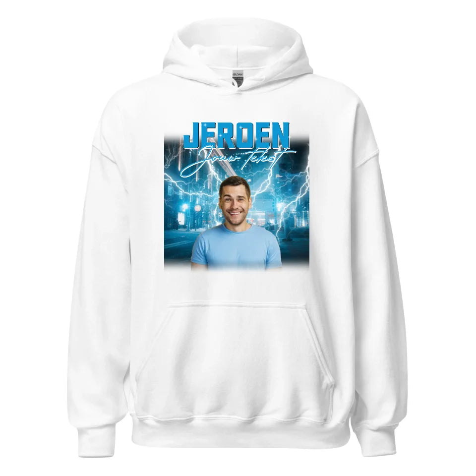Retro hoodie met eigen foto en tekst - Iedereen Blij