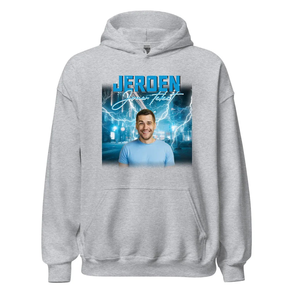 Retro hoodie met eigen foto en tekst - Iedereen Blij