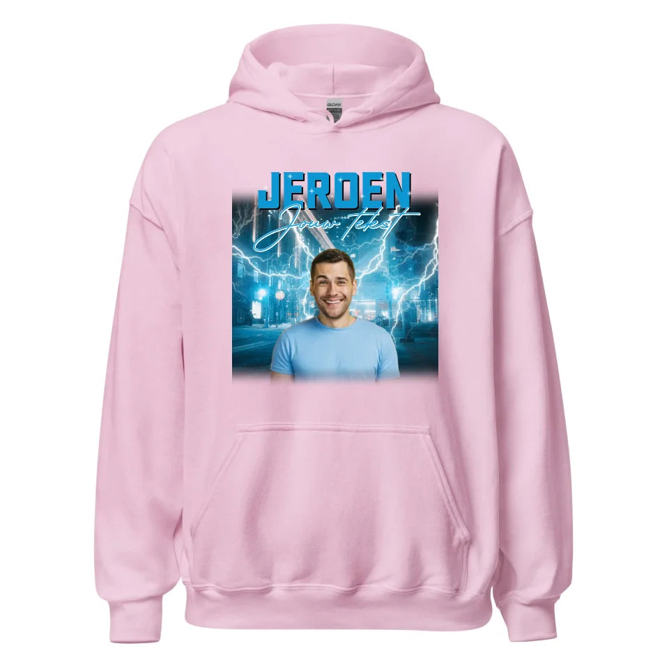 Retro hoodie met eigen foto en tekst - Iedereen Blij